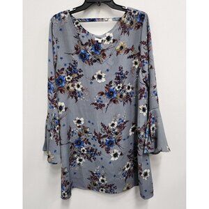 Seven Forty Two Womens Blue Floral Bell Sleeve Shift Dress Large V-Neck BOHO